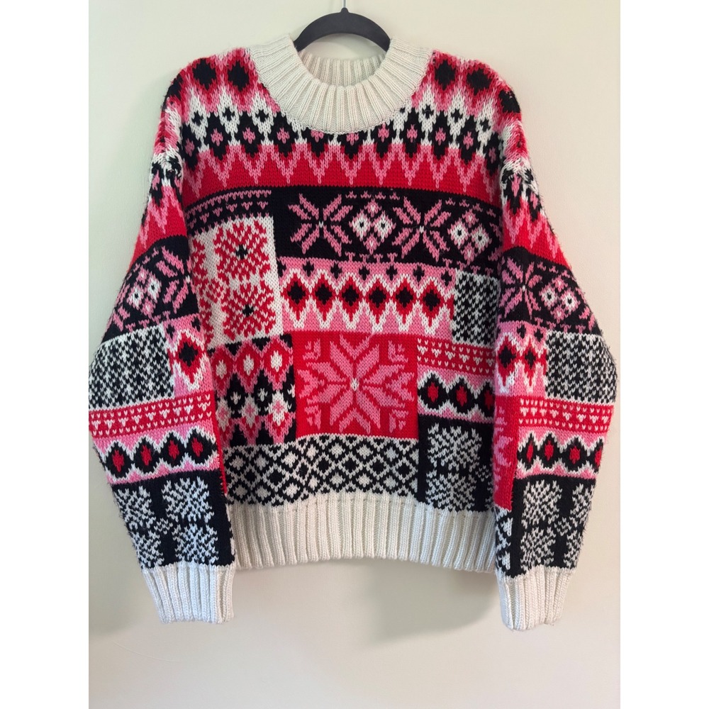 Fair Isle Patchwork Sweater Red Pink Snowflake Knit Crewneck Sz. S, Oversized